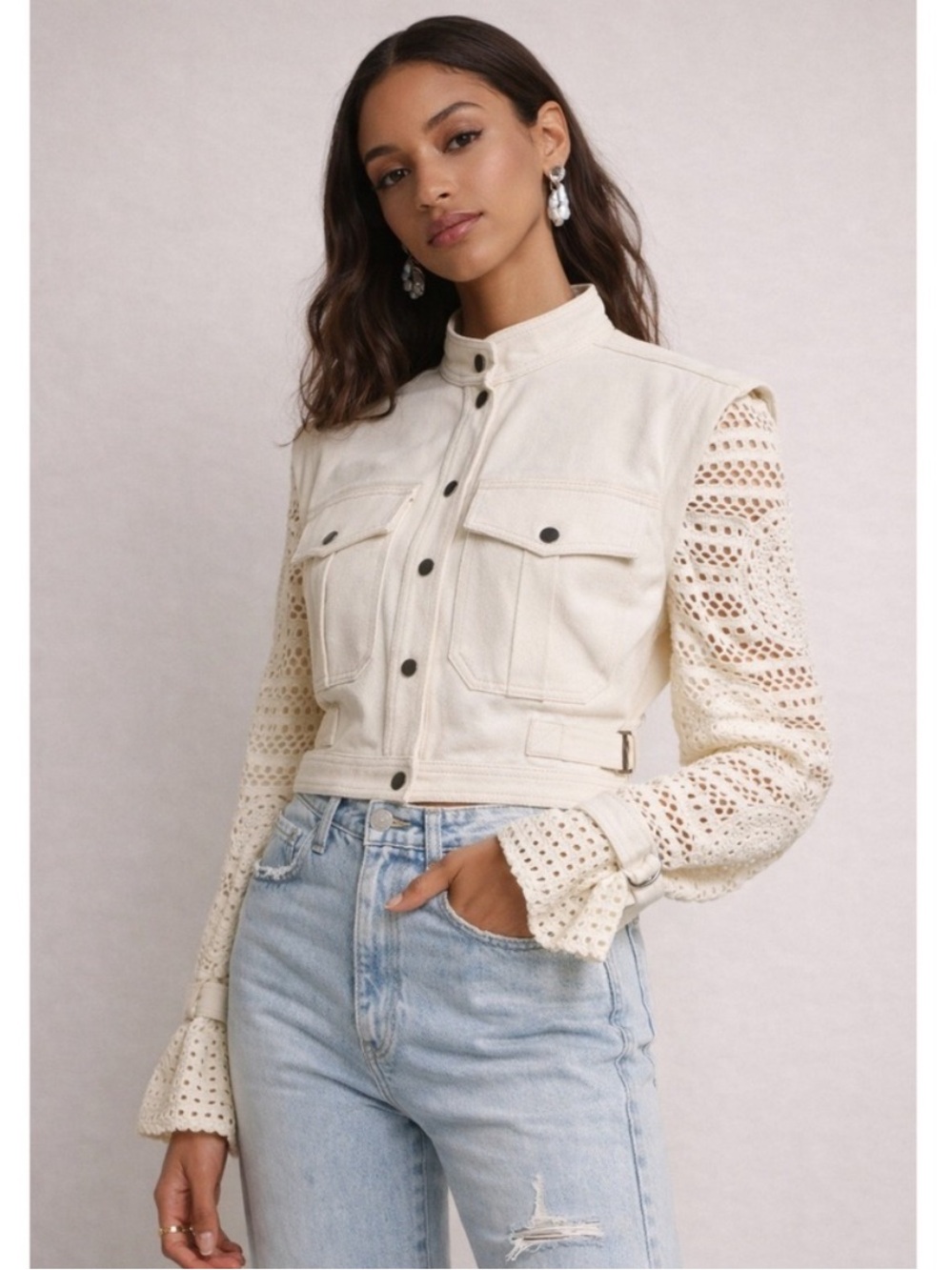 Veronica Beard Aylin Crochet Sleeve Jacket in Ecru Size 2